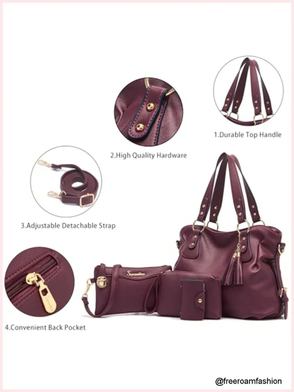 Fashion Handbag Hobo Tote Purse Set 4pcs Soft PU Leather Large Capacity